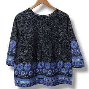 Boden Navy Blue Floral Border Pintuck Blouse Top Women's 4 Boho Coastal Chic